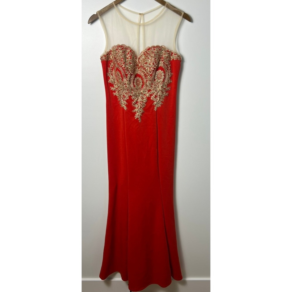 Babyonline D.R.E.S.S Evening Gown Wm XS Red Gold Lace Illusion Mesh Formal Prom